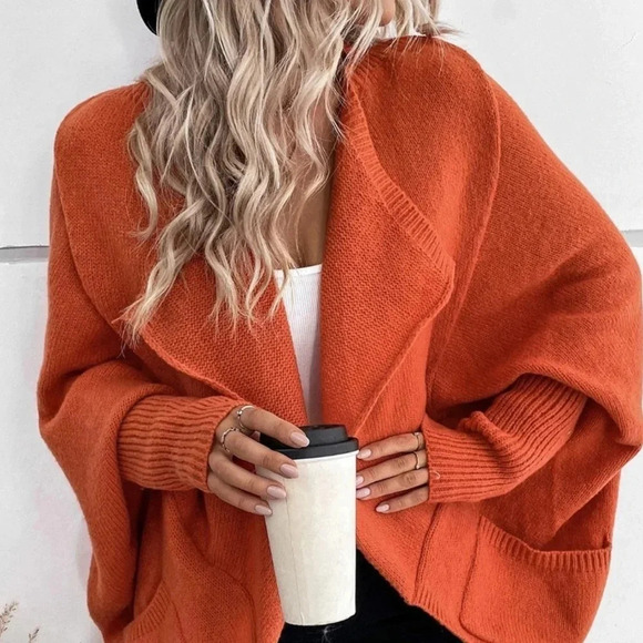 Burnt Orange Boho Womens Waterfall Collar Batwing Sleeve Cardigan - Picture 3 of 5